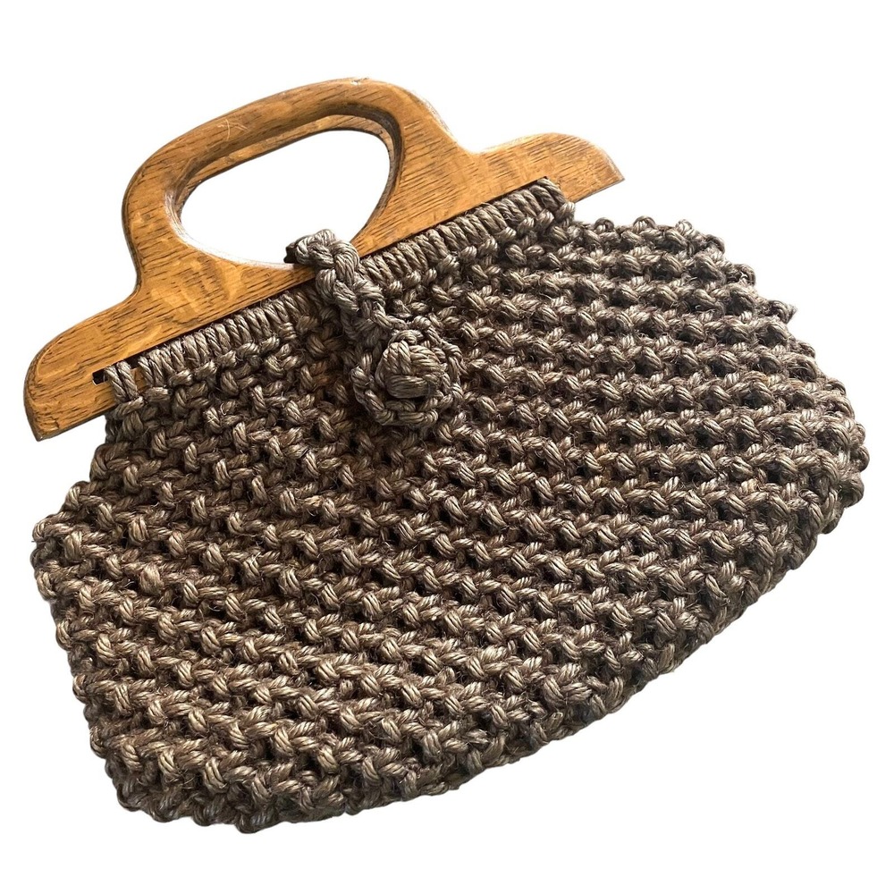 Vintage Bohemian Crochet Carpet Bag Wooden Handle